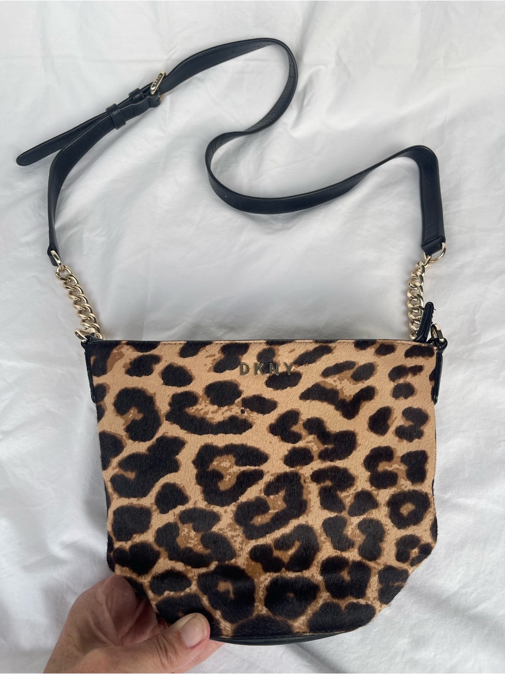 DKNY Leopard Print Crossbody with Black Strap and Gold Chain